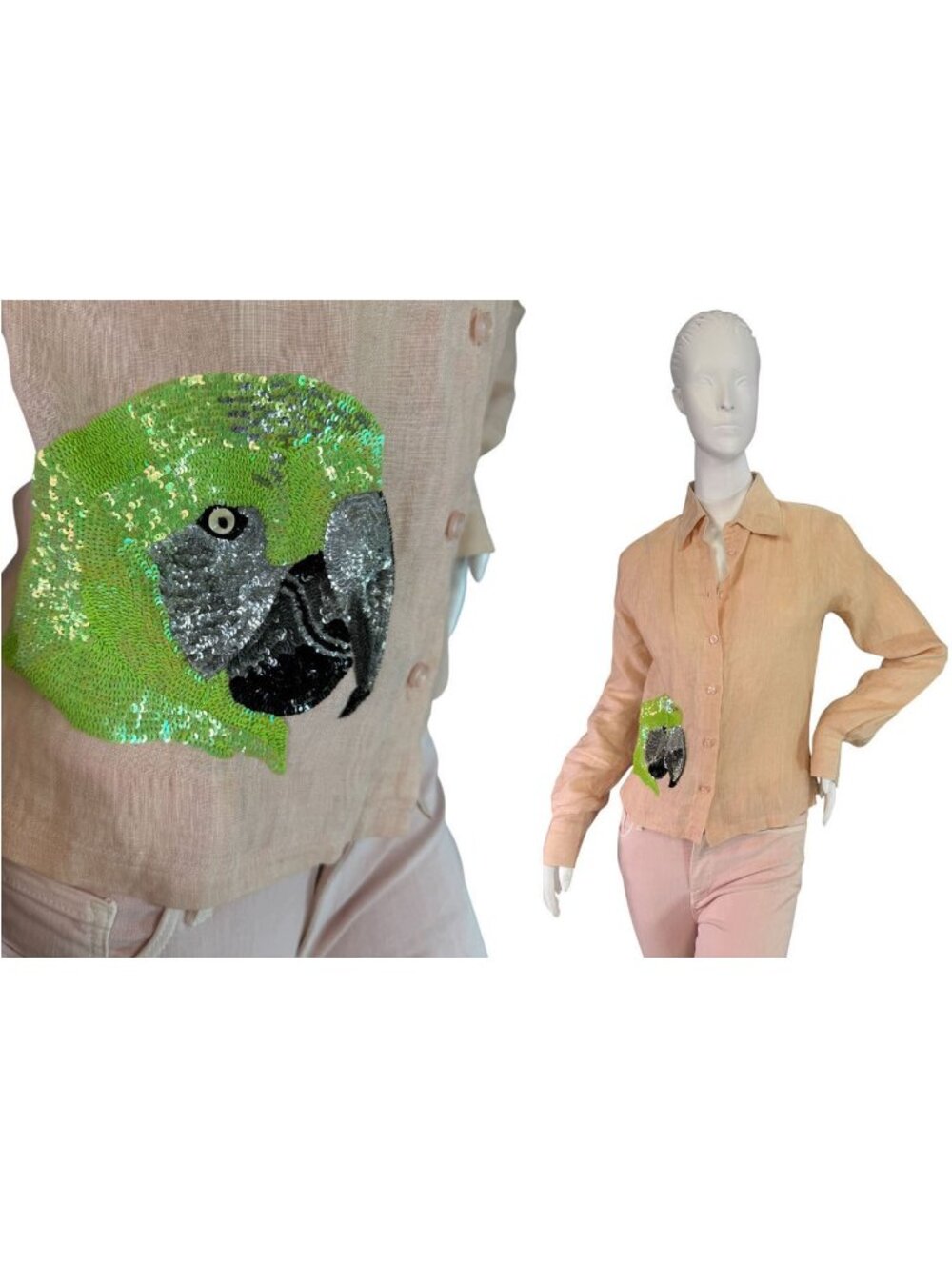 Sophia Swire London Linen Peach Blouse with Sequin Parrot Size Small